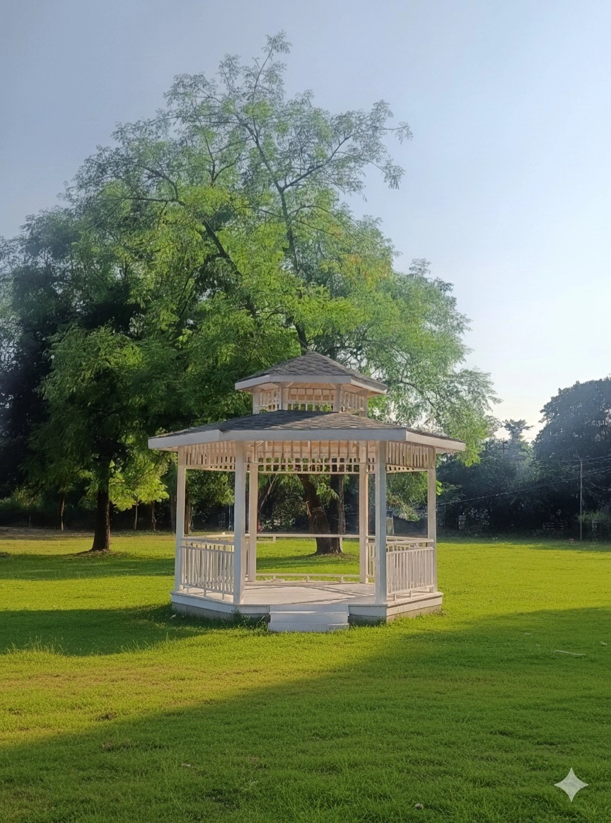 Cách trang trí chòi nghỉ sân vườn bằng đèn lồng và cây xanh