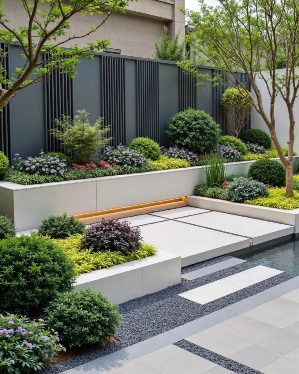 Mẫu tiểu cảnh sân vườn đẹp kết hợp cây xanh và sỏi đá tự nhiên giúp không gian thêm sinh động