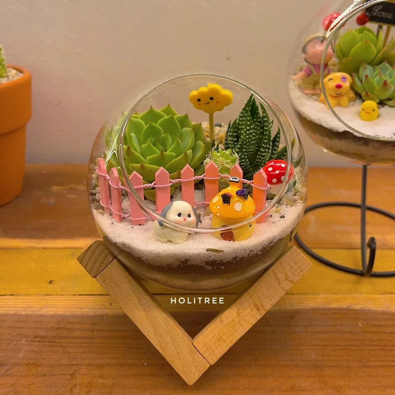 Trang trí bàn làm việc với terrarium mini để bàn