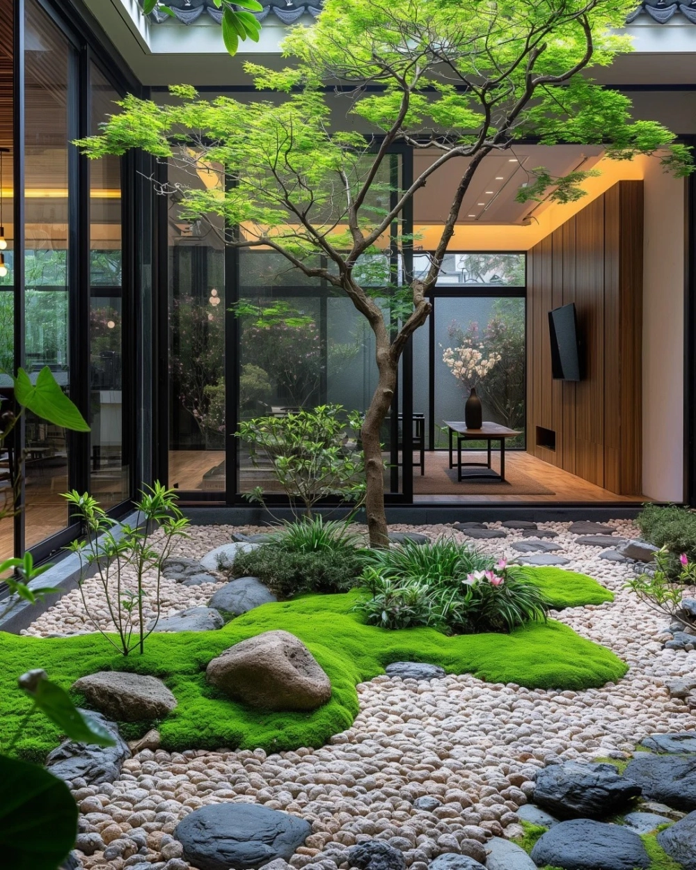 Bố trí đèn chiếu sáng tiểu cảnh giếng trời vào ban đêm