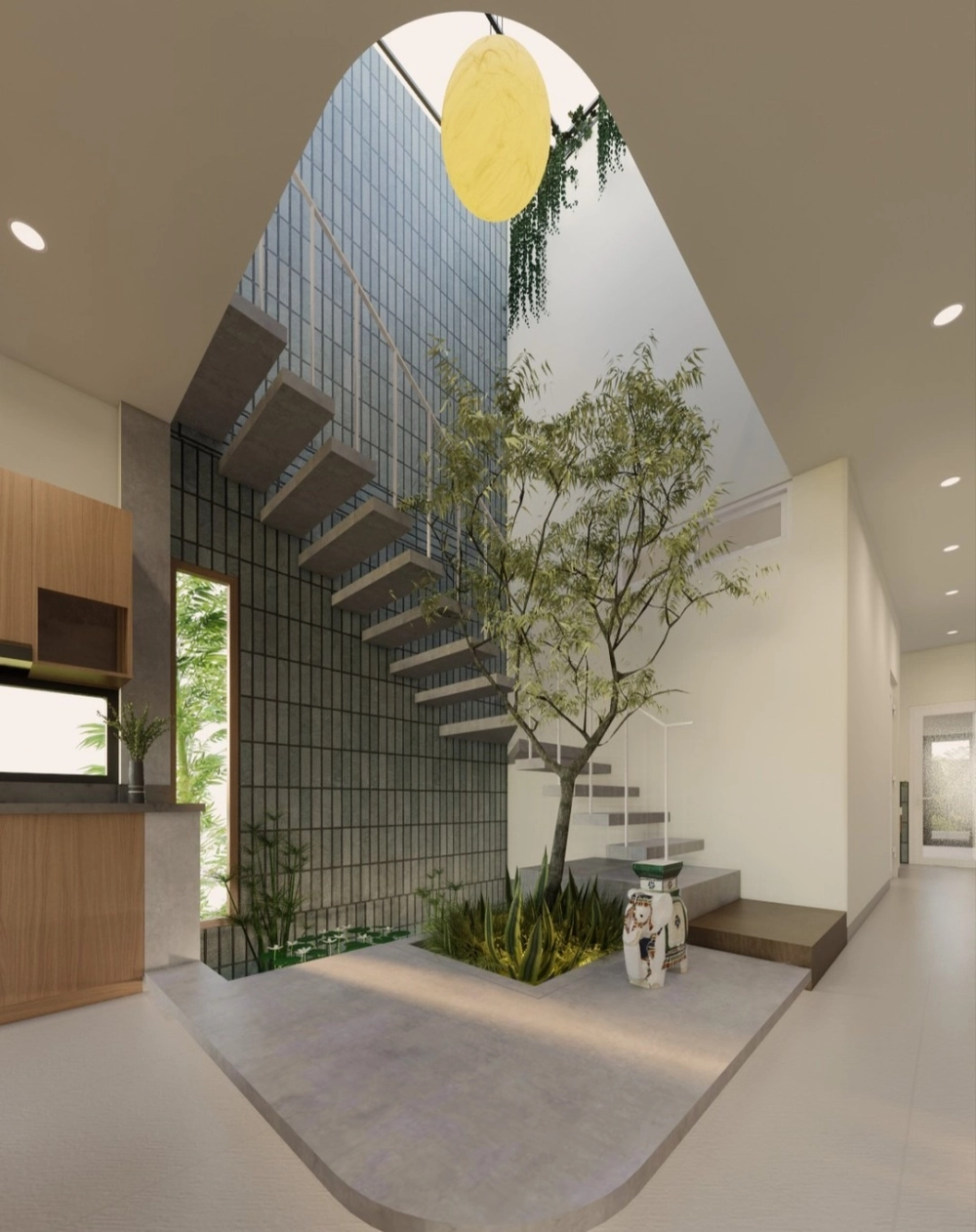 Mẫu tiểu cảnh giếng trời đẹp với cây xanh nhiệt đới