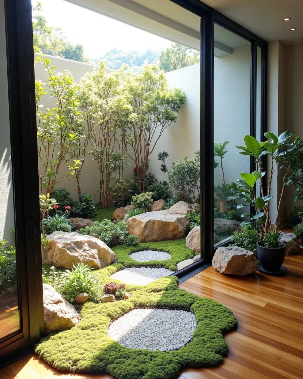 Mẫu tiểu cảnh sân vườn hiện đại kết hợp cây xanh và đá trang trí tự nhiên