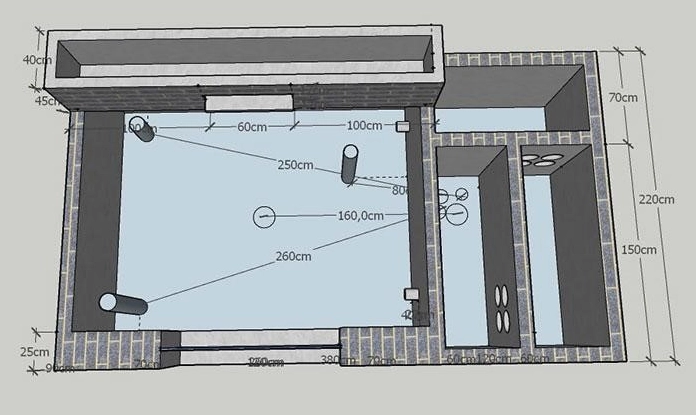 Bản vẽ 2D hệ lọc hồ cá Koi Nhật đúng kỹ thuật với các ngăn lọc bố trí khoa học