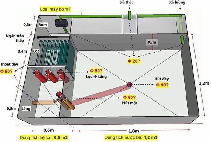 Bản vẽ 2D hệ lọc hồ Koi đúng kỹ thuật Nhật với đường ống và khoang lọc thể hiện rõ ràng