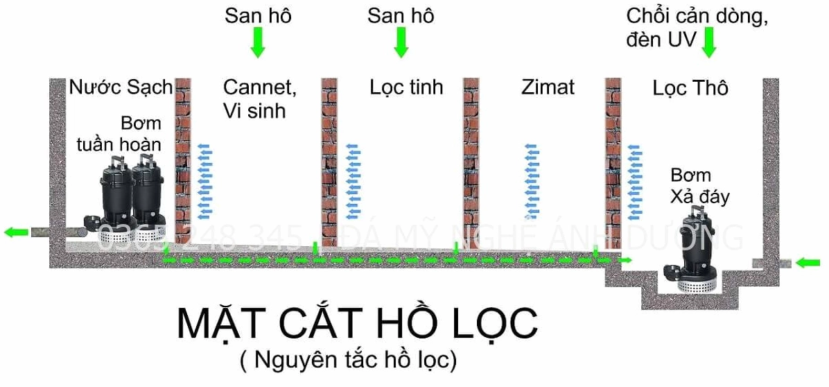 Bản vẽ hồ lọc cá Koi năm ngăn với cấu trúc xử lý nước đúng chuẩn