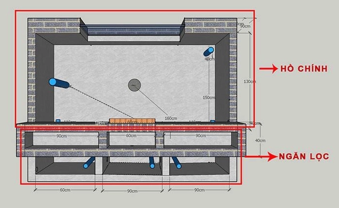 Bản vẽ kỹ thuật hồ cá Koi Nhật mô tả cấu trúc hồ sâu và các vùng xử lý nước tinh tế