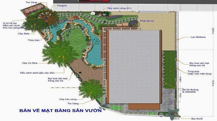 Bản vẽ thi công hồ cá Koi thể hiện bố cục hồ, đường ống và vị trí kỹ thuật