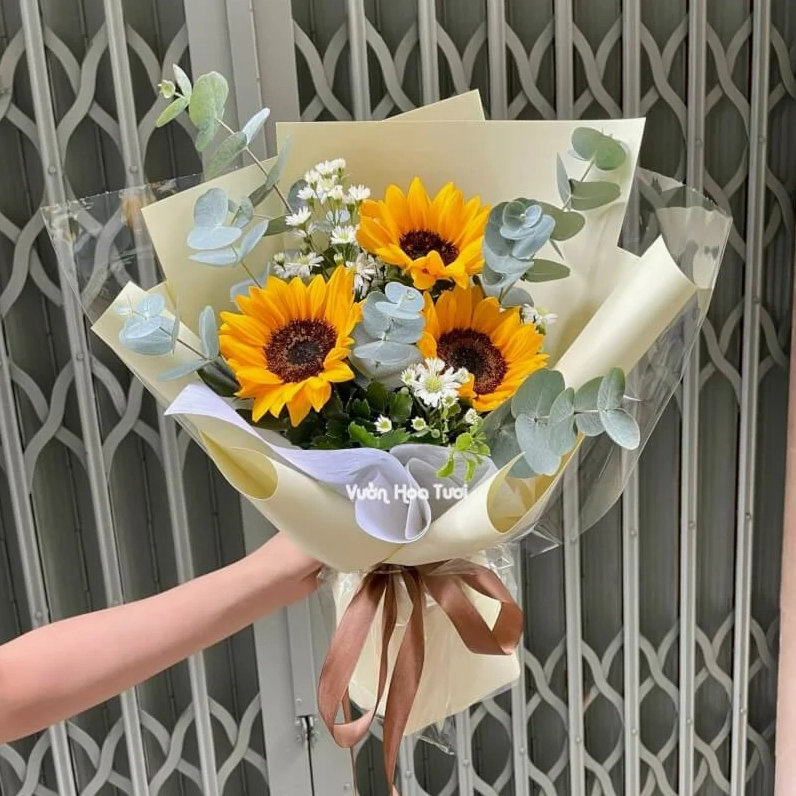 Bó Hướng Dương ba bông nổi bật trên nền phối mềm nhẹ thích hợp kết hợp với baby trắng