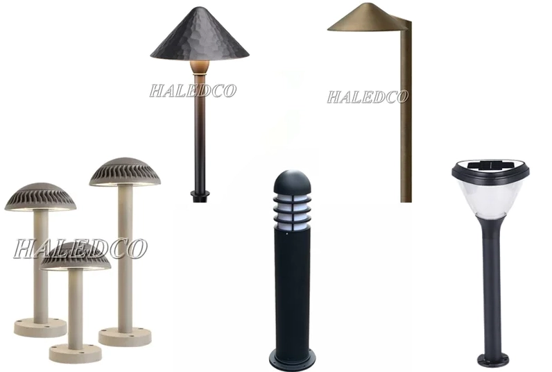 Các mẫu đèn nấm sân vườn dáng tròn thấp tỏa ánh sáng dịu bên thảm cỏ