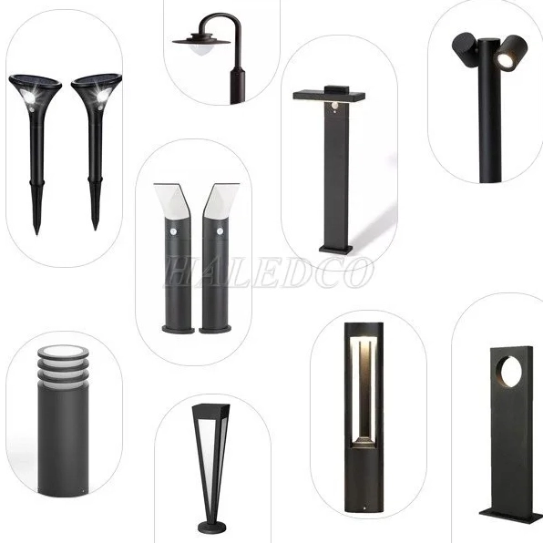 Các mẫu đèn trụ sân vườn đứng giữa thảm cỏ xanh tạo dáng thanh lịch
