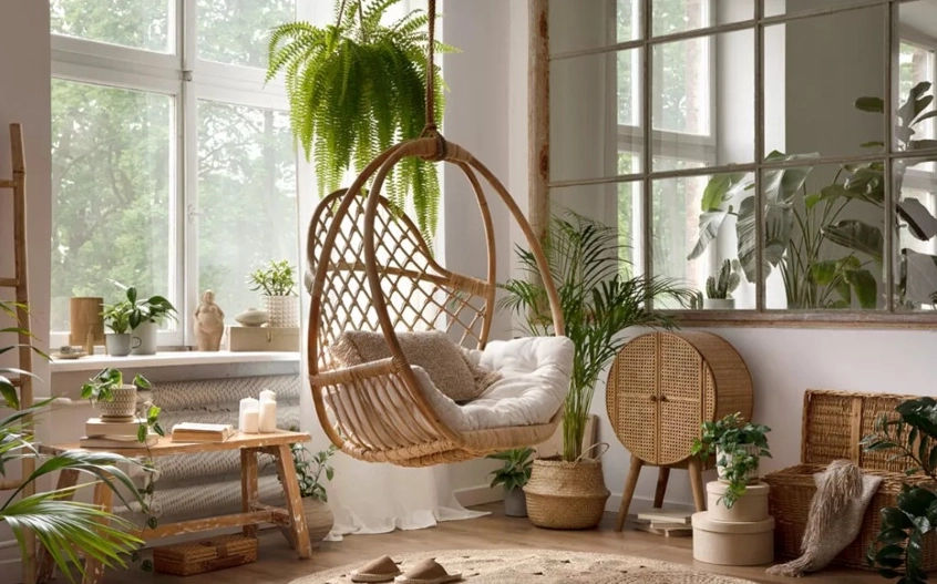 Cây xanh được đưa vào thiết kế nội thất, làm mềm không gian và tăng cảm giác thư thái