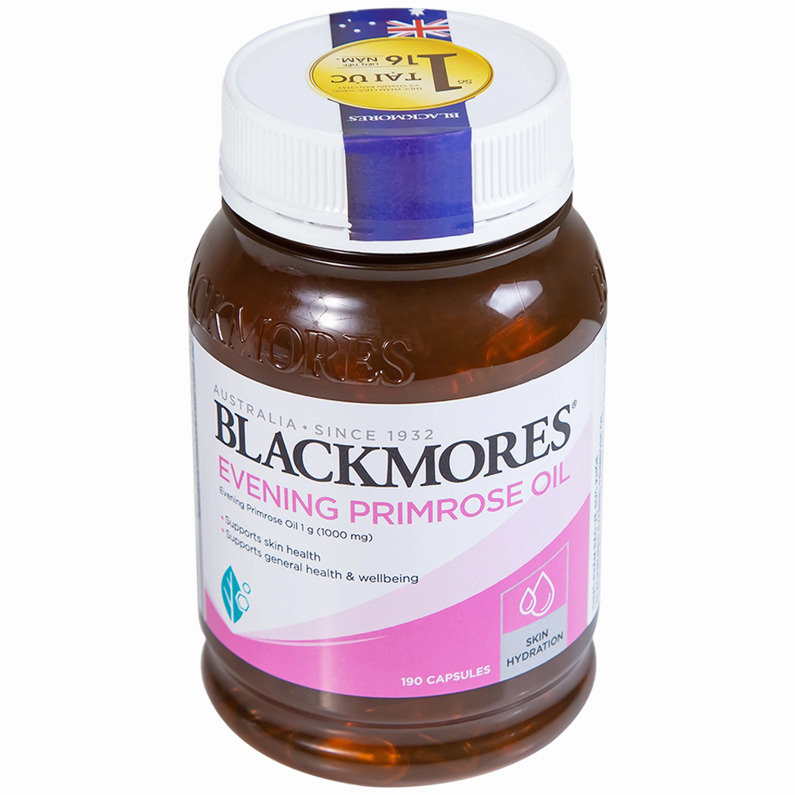 Chai Blackmores Evening Primrose Oil hỗ trợ làn da khỏe mạnh đặt trong khung hình sáng và nét ảnh rõ