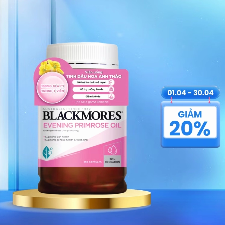 Chai tinh dầu Hoa Anh Thảo Blackmores Evening Primrose Oil nổi bật trên nền sáng với tông màu hổ phách ấm áp