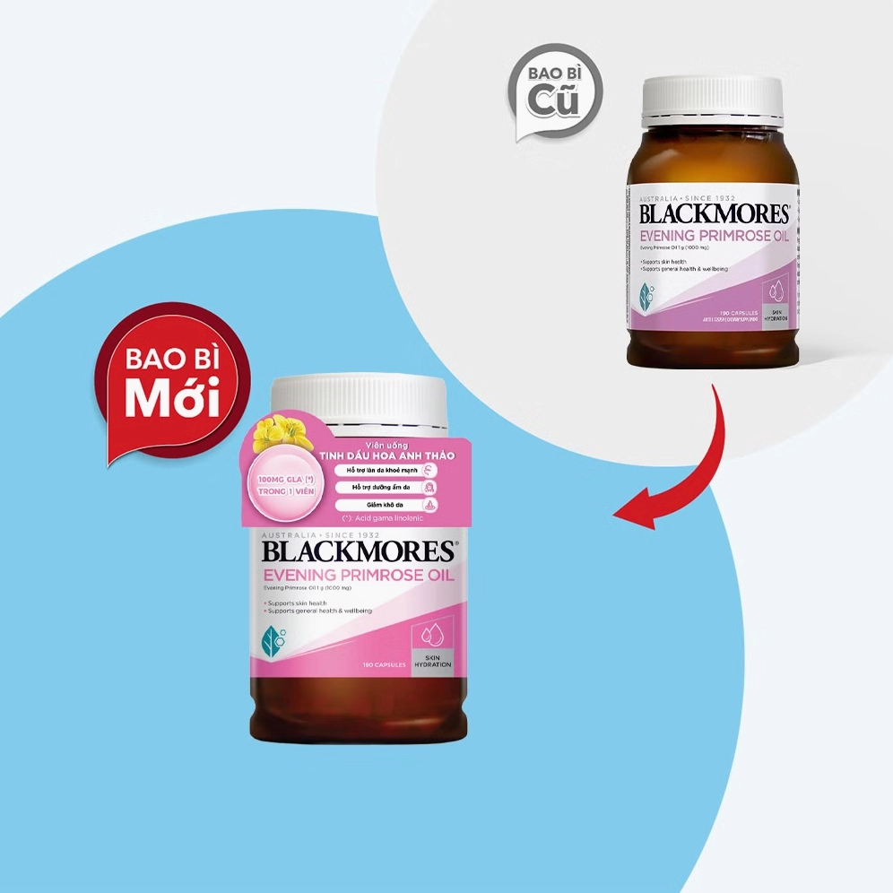 Chai tinh dầu Hoa Anh Thảo Blackmores Evening Primrose Oil trong khung hình gọn gàng, sắc chai đậm và nền trung tính