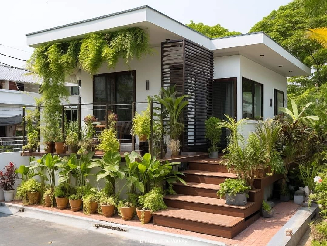 Chậu cây được bố trí trước nhà tạo điểm nhấn xanh mềm mại cho lối vào