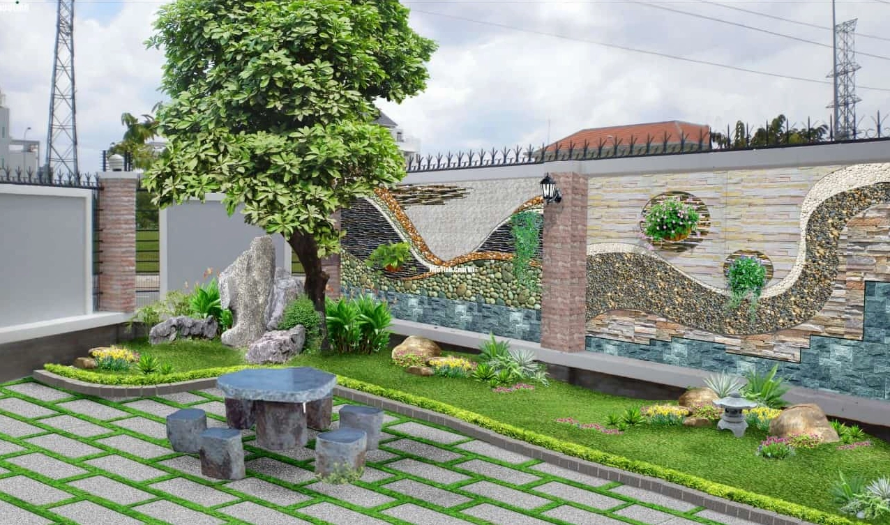 Cỏ nhân tạo được dùng ở lối đi và tiểu cảnh sân vườn tạo cảm giác xanh mát