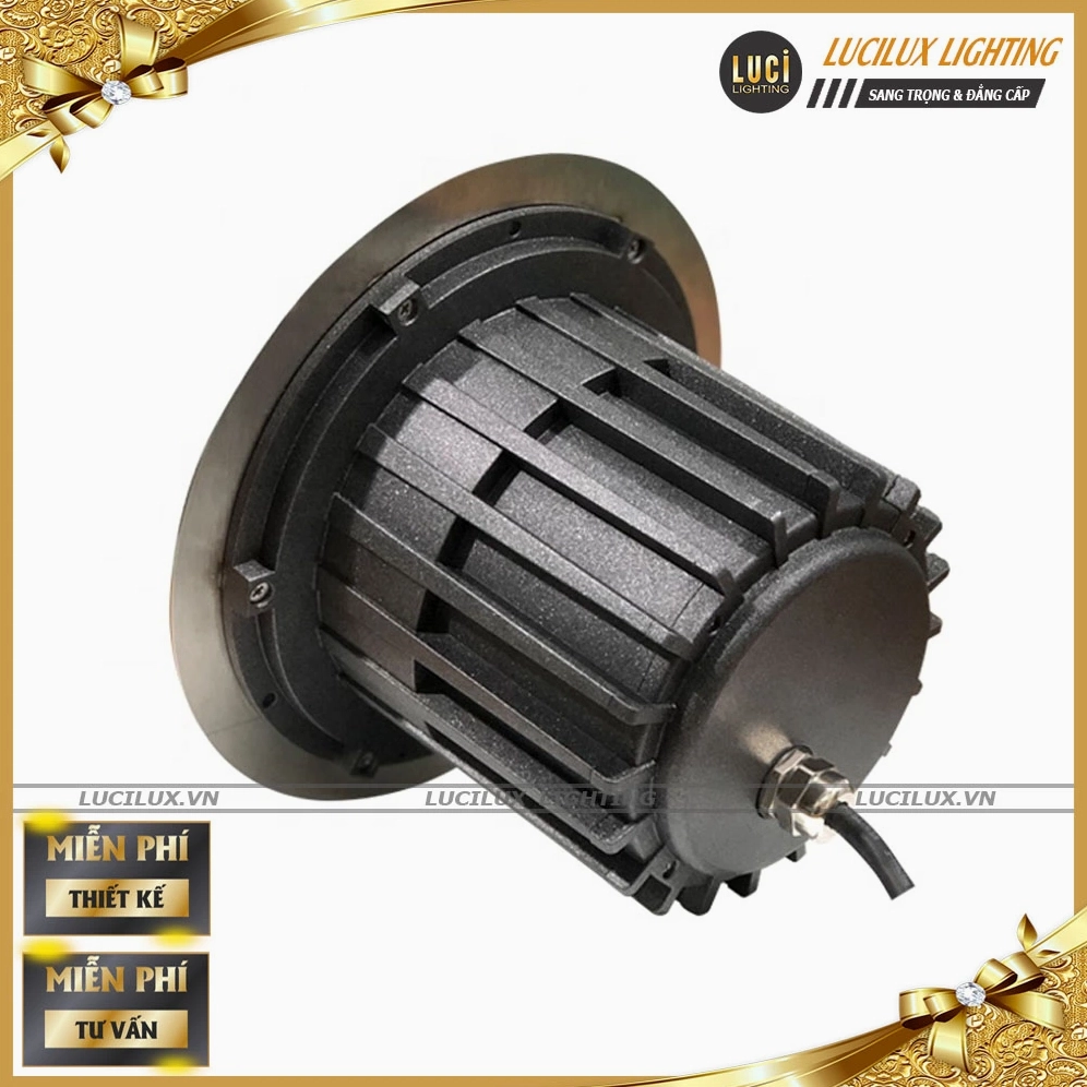 Đèn âm đất chỉnh góc LC-UGL1503 đặt trên nền trắng với mặt kính tròn rõ nét