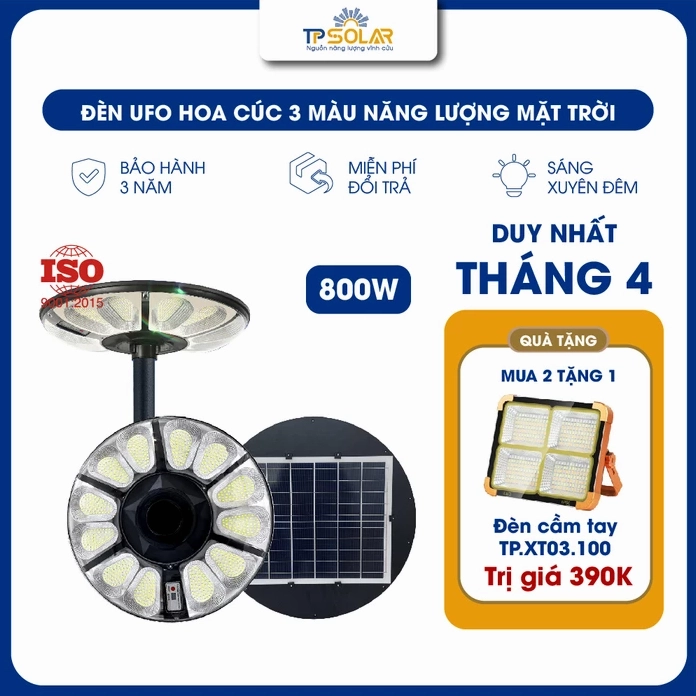 Đèn UFO hoa cúc ba màu ánh sáng năng lượng mặt trời với dáng tròn hiện đại
