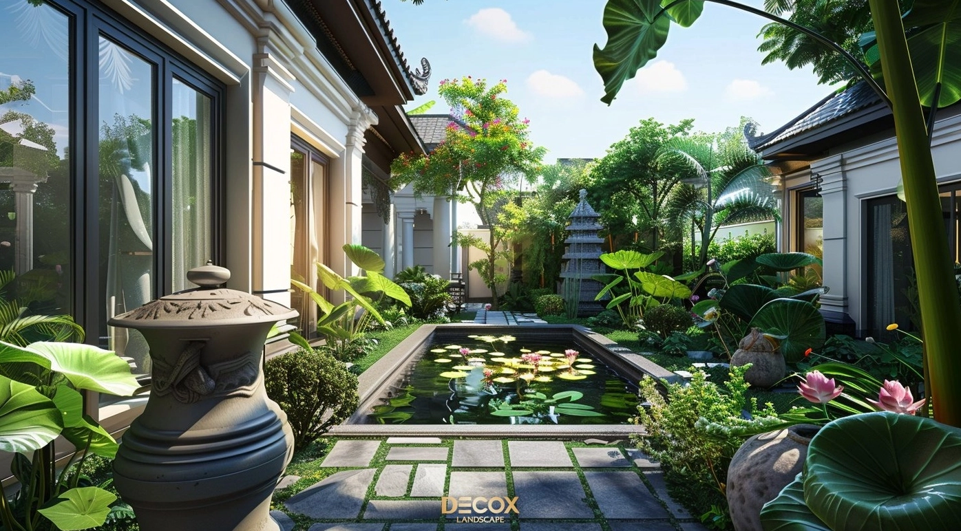 Góc sân vườn biệt thự đậm chất Á Đông với cây xanh và không gian thư thái