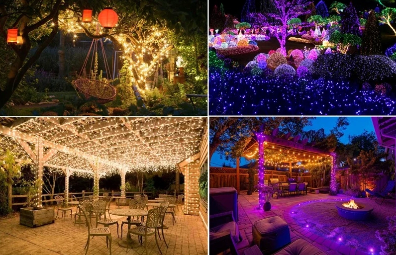 Hiệu ứng ánh sáng nhấp nháy từ LED dây trang trí trong sân vườn ban đêm