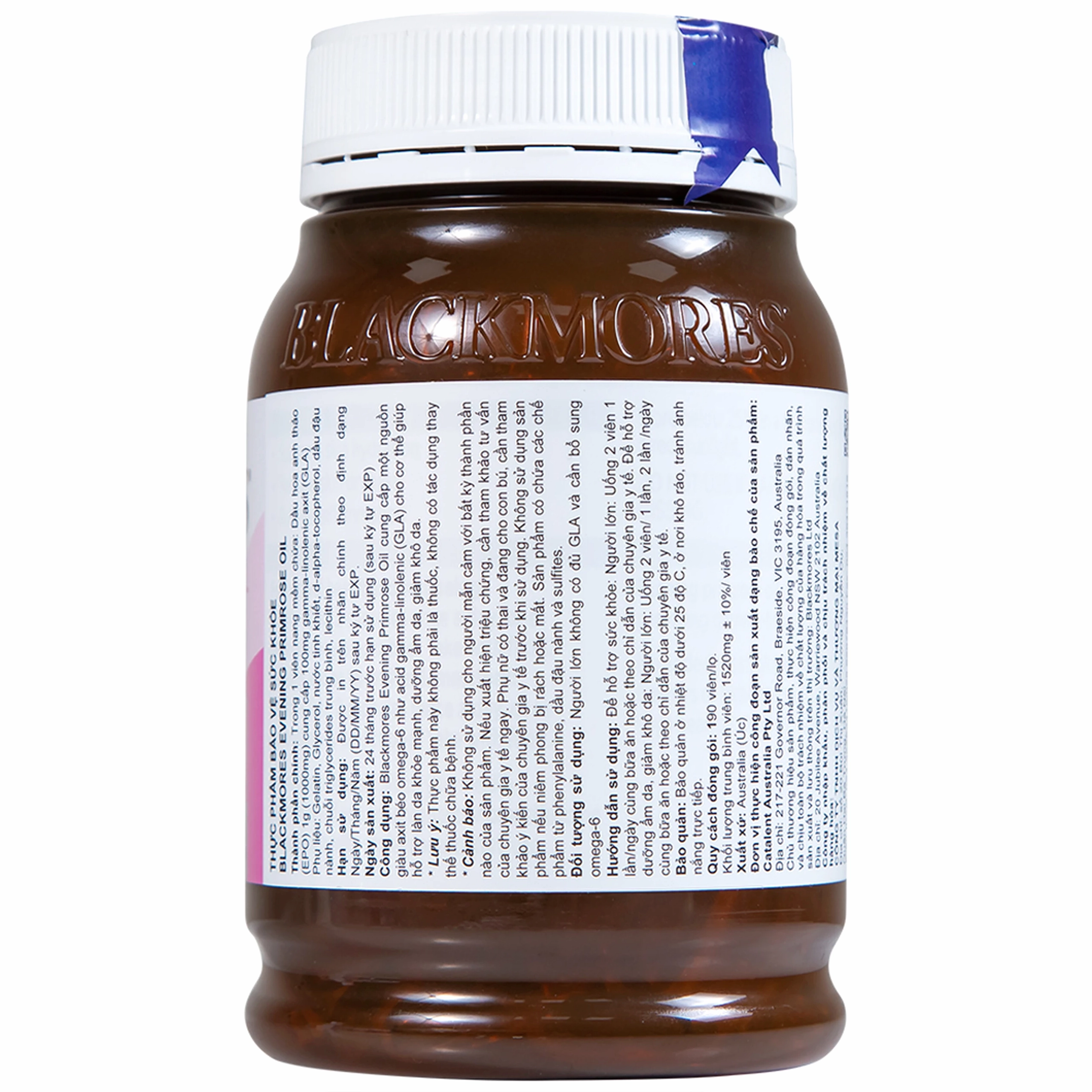 Hình chai Blackmores Evening Primrose Oil trên nền sáng, nhãn màu vàng nâu hài hòa và rõ thông tin