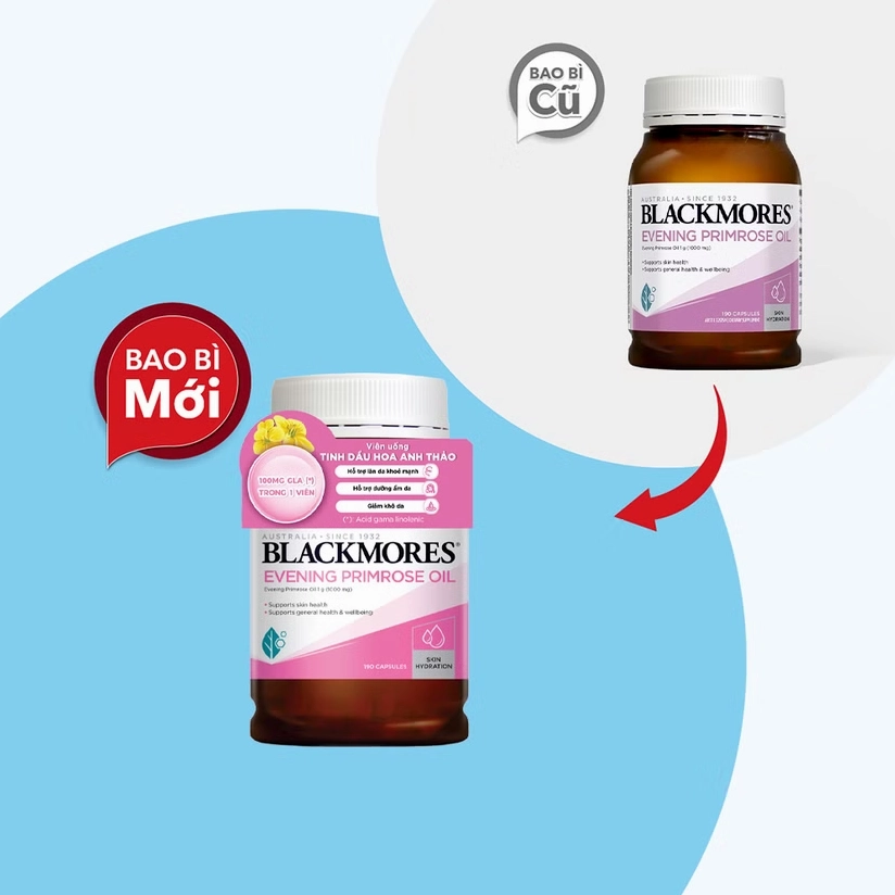 Hình chai tinh dầu Hoa Anh Thảo Blackmores Evening Primrose Oil trên nền sáng, đường nét rõ và sắc độ ấm