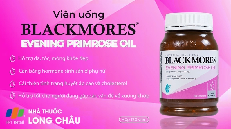 Hình tinh dầu Hoa Anh Thảo Blackmore Evening Primos với bao bì nổi bật và nền ảnh đơn giản