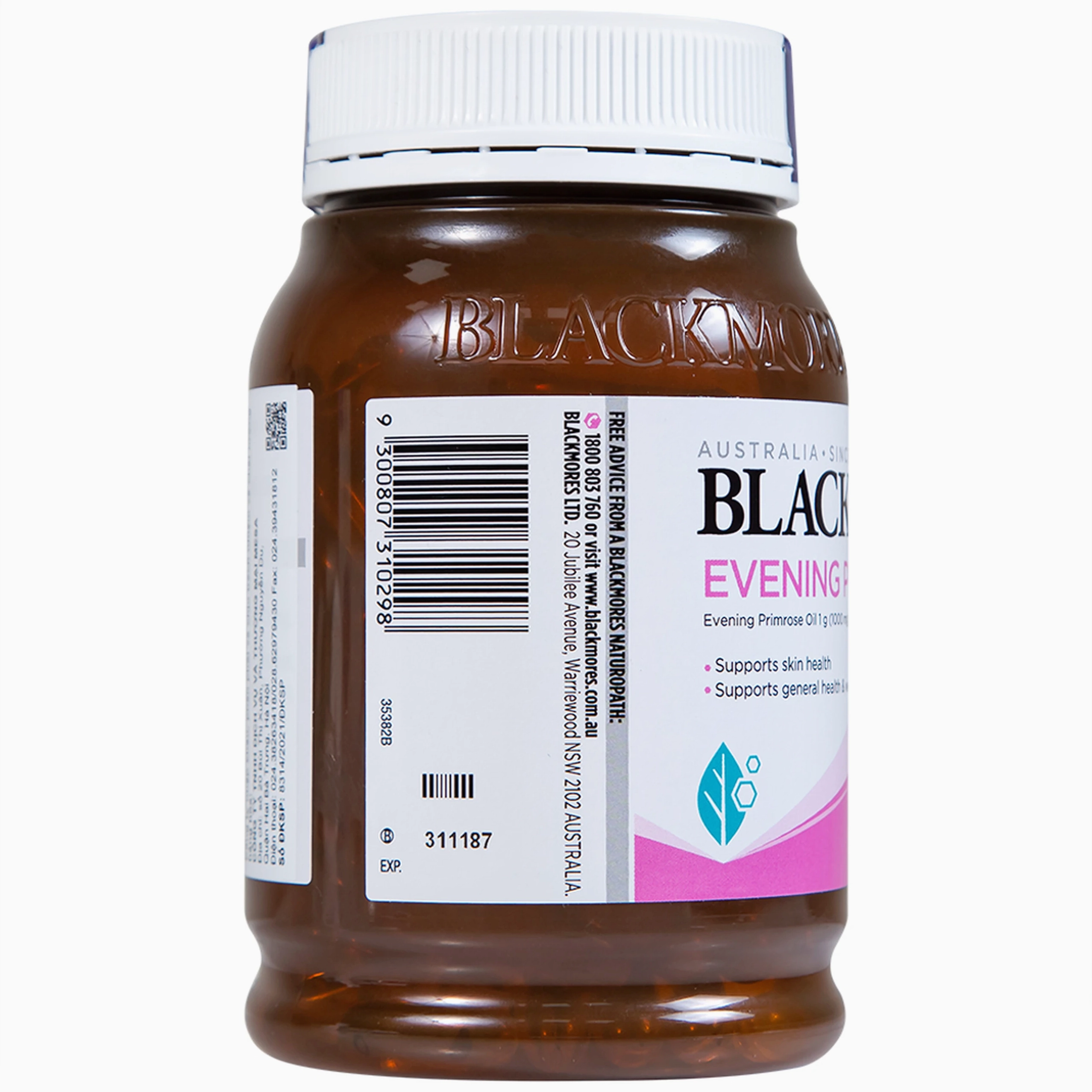 Hình viên hỗ trợ làn da khỏe mạnh Blackmores Evening Primrose Oil chụp rõ bao bì với sắc vàng nâu đặc trưng