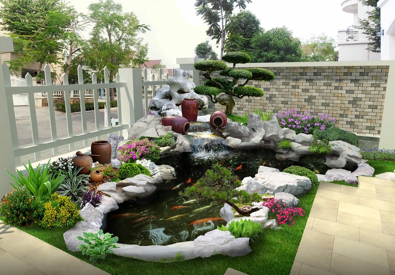 Hồ cá Koi đẹp được bảo dưỡng sạch sẽ với mặt nước trong và viền cảnh quan gọn gàng