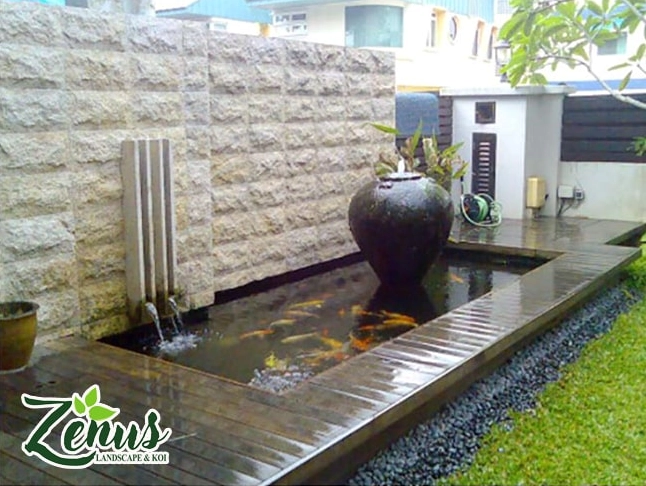 Hồ cá Koi hiện đại mini với hình khối gọn đẹp và mặt nước trong
