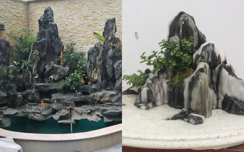 Hòn non bộ mô phỏng dáng núi tự nhiên với đá xếp tầng và cây xanh điểm nhẹ quanh chân núi