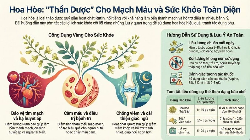 Infographic tổng hợp tác dụng của Hoa hòe với màu sắc trực quan và thông tin dễ nhìn