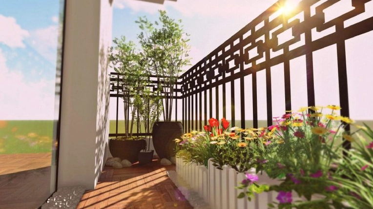Không gian ban công được thiết kế với nhiều mảng xanh và chậu cây trang trí
