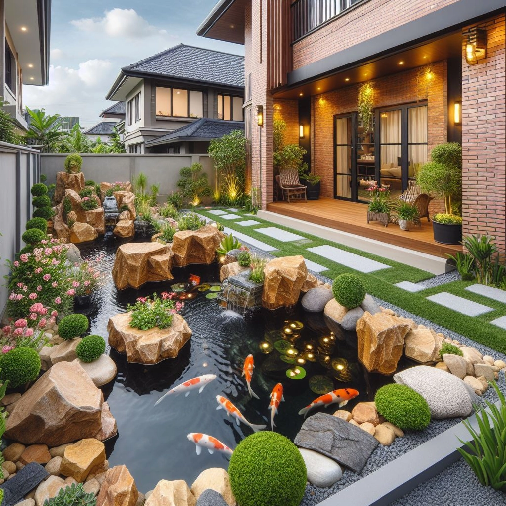 Không gian sân vườn có hồ Koi và nguyên tắc bố cục cảnh quan, gợi ý dùng Cây Cẩm Thạch để cân bằng mảng màu