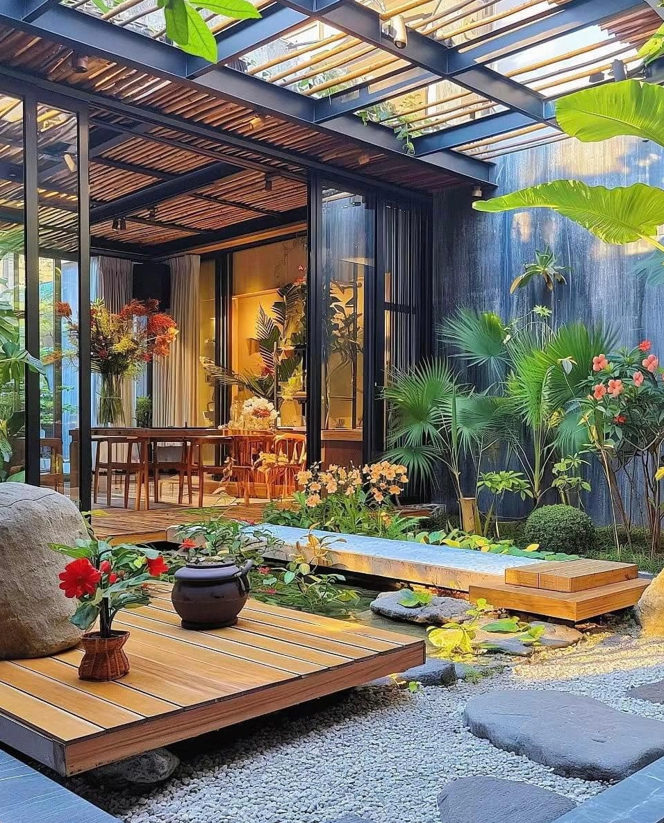 Không gian sân vườn nhà cấp 4 đẹp với cây xanh, lối đi và khoảng nhìn thoáng