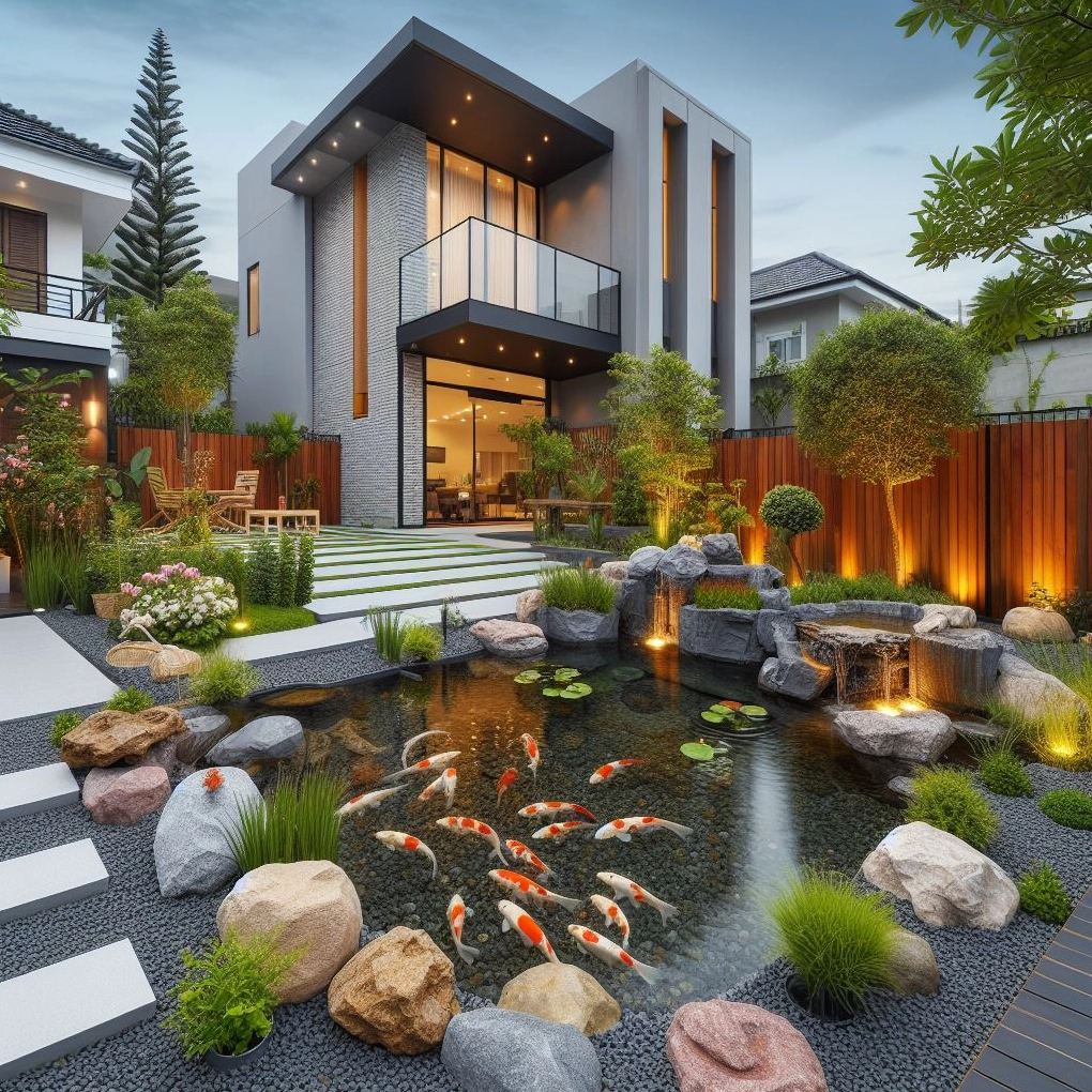 Không gian thư giãn sân vườn với hồ Koi và mảng xanh gợi cảm hứng đặt Cây Cẩm Thạch quanh lối nghỉ