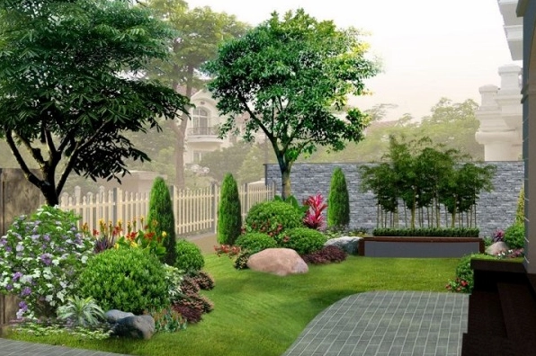 Khu vườn được bố trí hài hòa với cây xanh, lối đi và tiểu cảnh gọn gàng