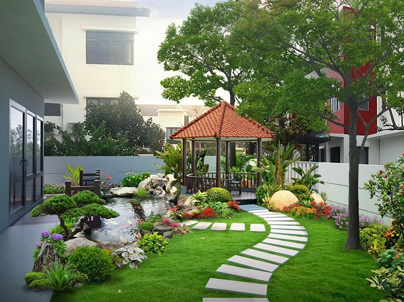 Kiểu sân vườn đẹp đơn giản dễ thực hiện với cây xanh và vật liệu gần gũi