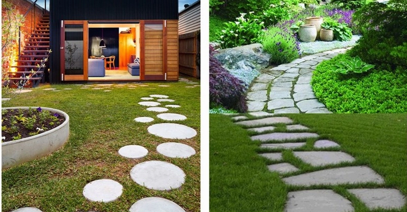 Lối đi sân vườn bằng đá tự nhiên với bề mặt thô mộc nằm giữa thảm cây xanh