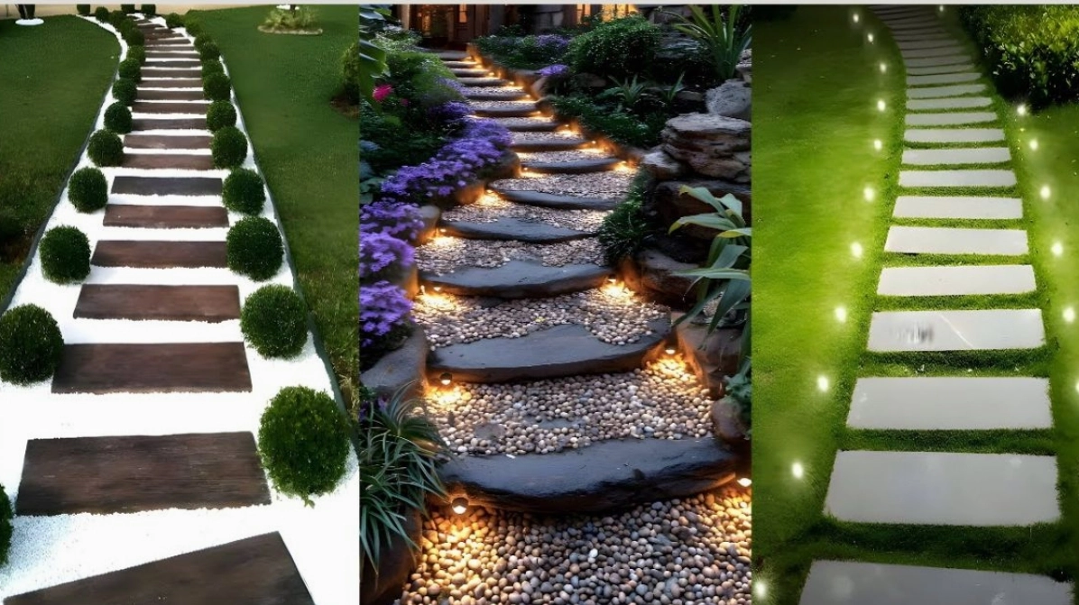 Lối đi sân vườn được trang trí hài hòa giữa mảng xanh và vật liệu lát nền sáng màu