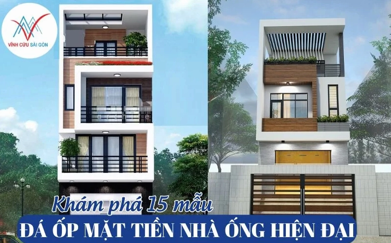 Mặt tiền nhà ống hiện đại dùng đá ốp kết hợp mảng xanh tạo vẻ ngoài mát mắt
