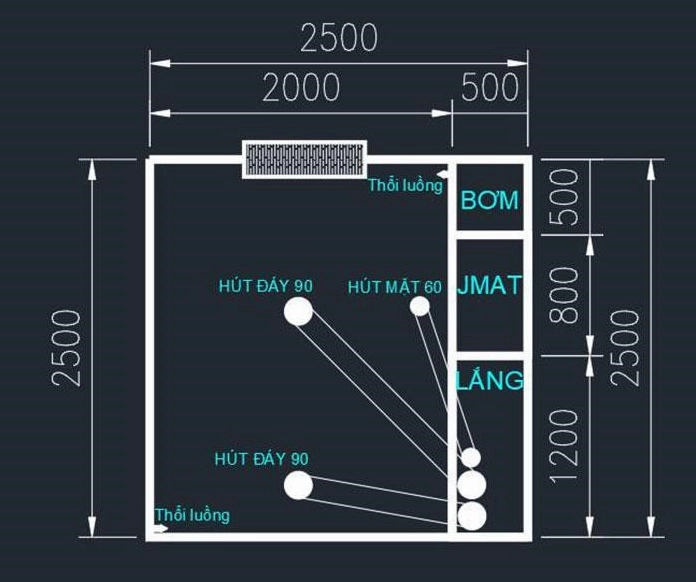 Mẫu bản vẽ kỹ thuật hồ Koi ngoài trời chi tiết với cấu trúc hồ và hệ thống vận hành rõ nét