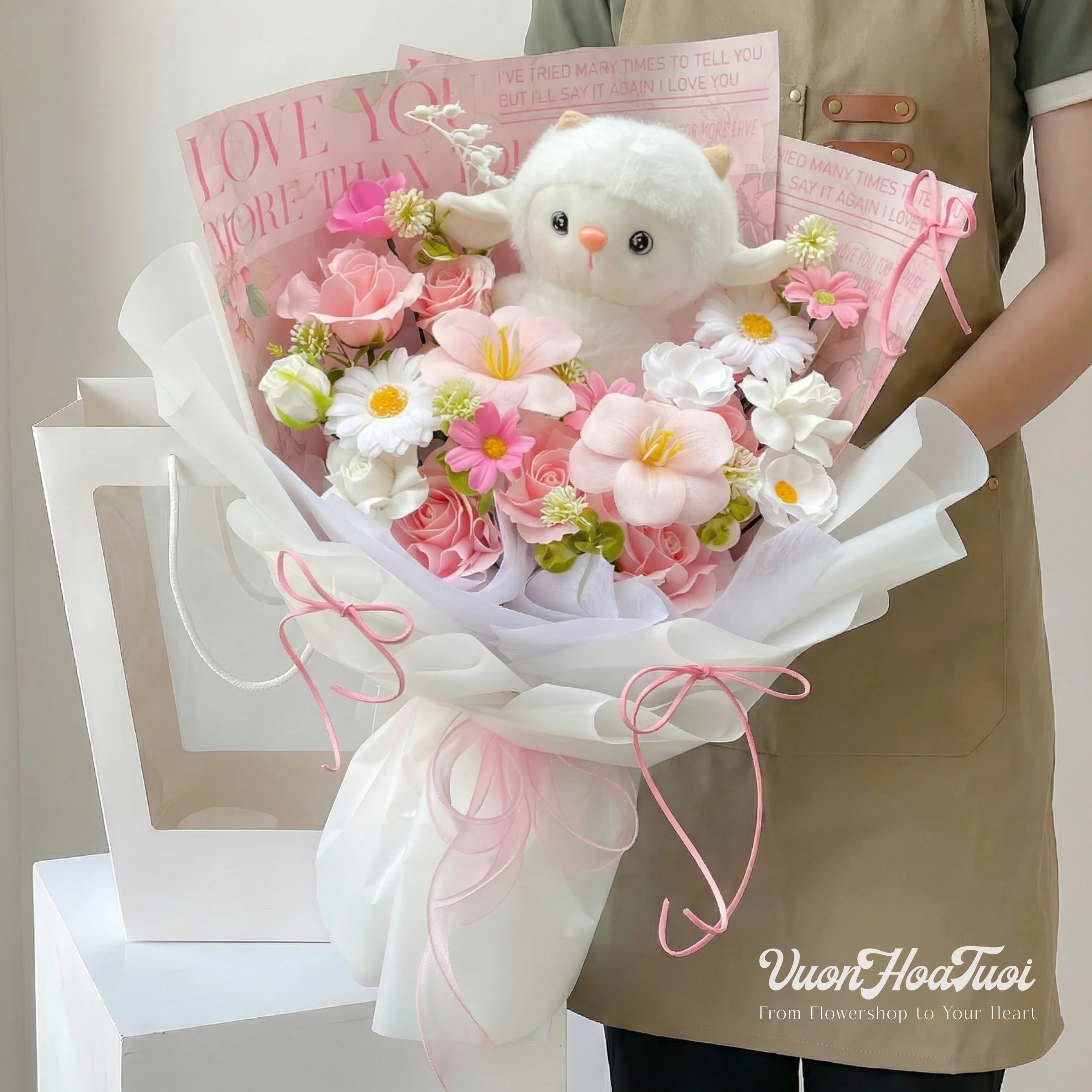 Mẫu bó hoa lấy cảm hứng từ hoa baby ha lan với sắc trắng kem bồng bềnh và mềm nhẹ