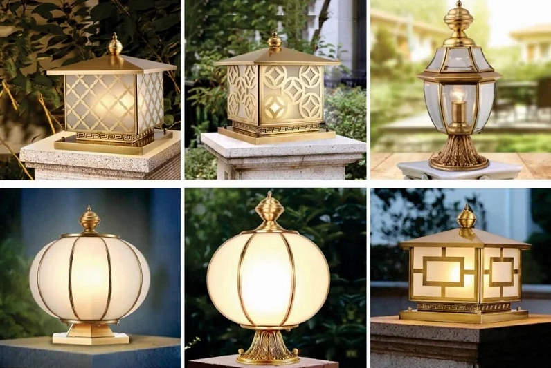 Mẫu đèn gắn trụ cổng và tường rào tỏa sáng trên nền kiến trúc biệt thự