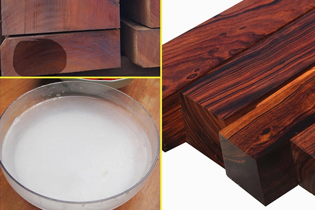 Mẫu gỗ lim được đặt cạnh nước vôi trong để quan sát phản ứng nhận biết