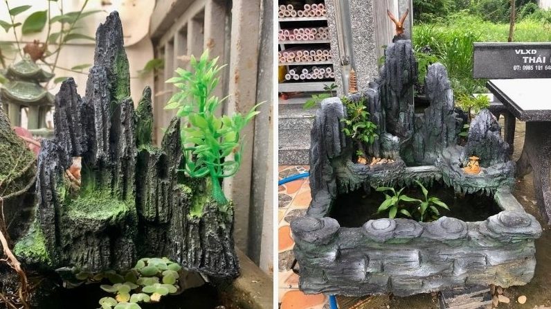 Mẫu hòn non bộ mini nuôi cá với hồ nước nhỏ bao quanh chân núi đá