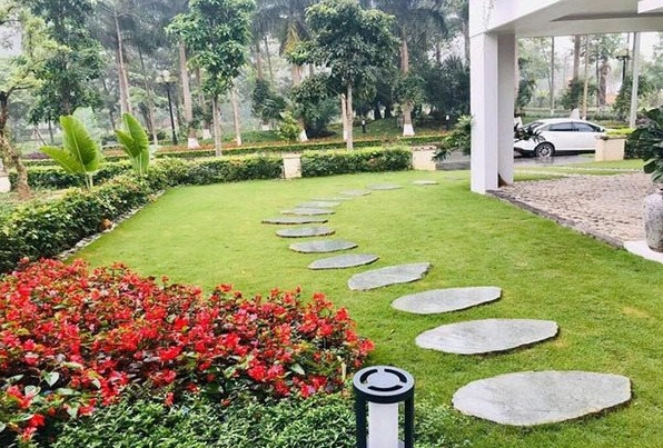 Mẫu lối đi sân vườn được ưa chuộng với bố cục cân đối và màu sắc dễ ứng dụng