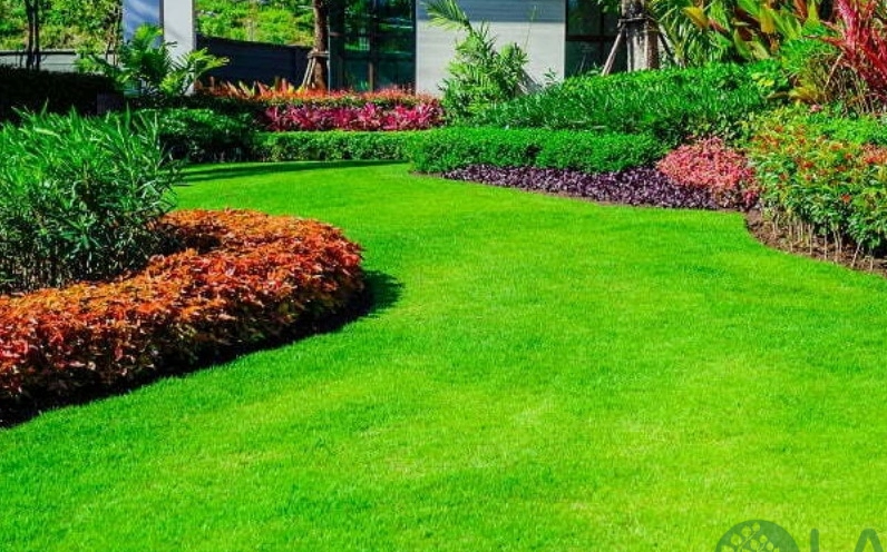 Mẫu sân vườn bằng cỏ nhân tạo có bố cục thoáng và màu xanh tự nhiên