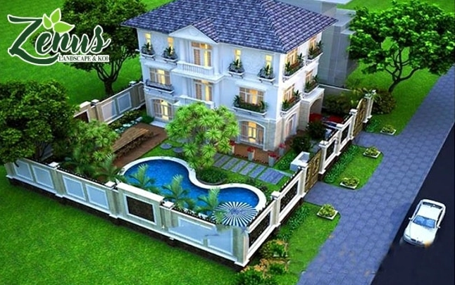 Mẫu sân vườn biệt thự hiện đại với mảng cây xanh ôm lấy kiến trúc sang trọng