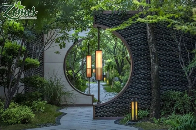 Mẫu sân vườn Trung Quốc đẹp với cây xanh, đá cảnh và bố cục hài hòa trong không gian biệt thự